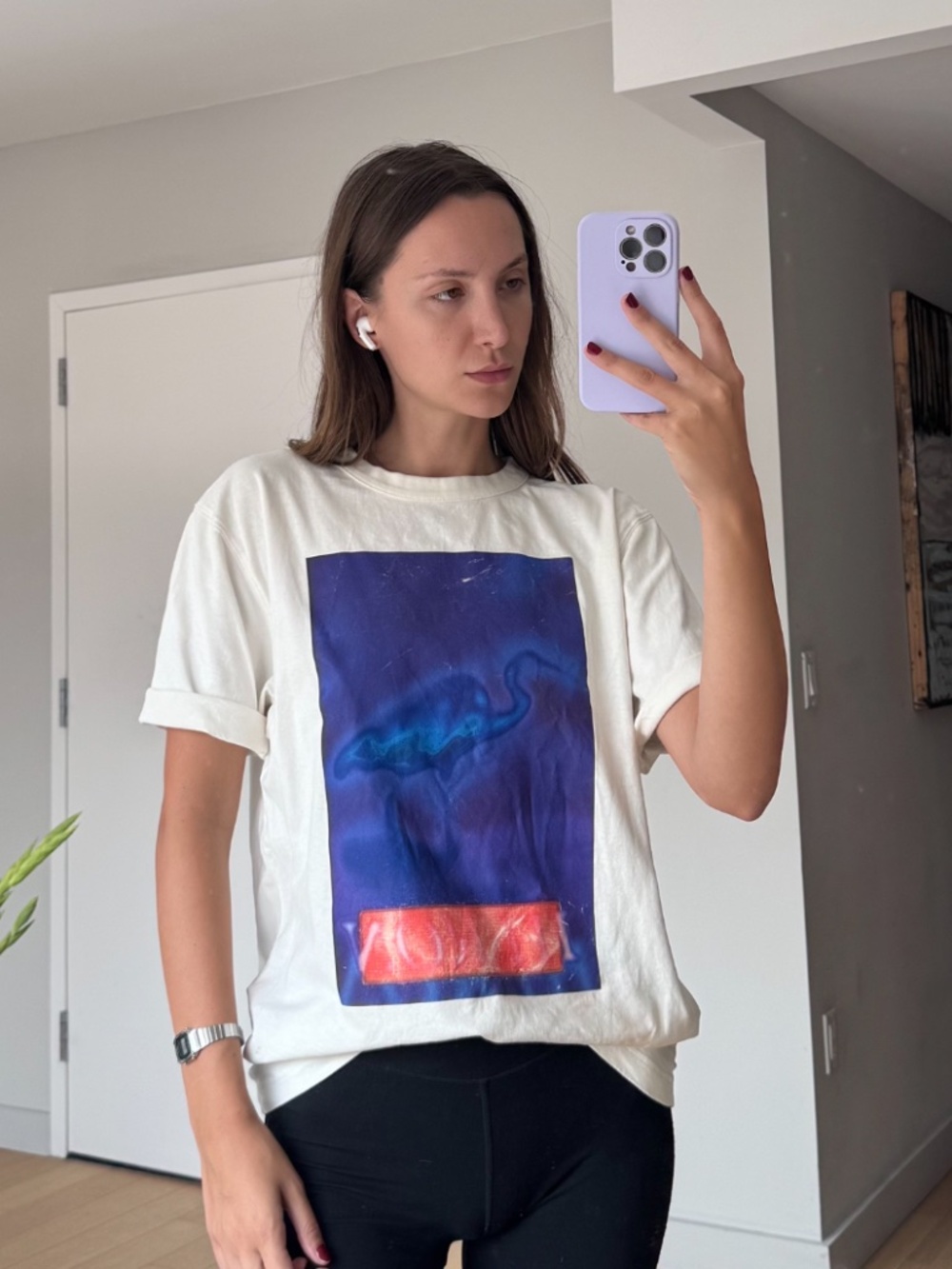 Heron Preston Cream T-Shirt Navy Red Block Print Size M
